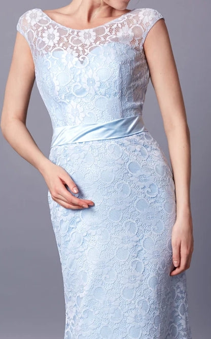 Demure Cap Sleeve Bateau Neck Long Lace Dress With Sash Deep-V Back Prom Dress/Dress For Formal