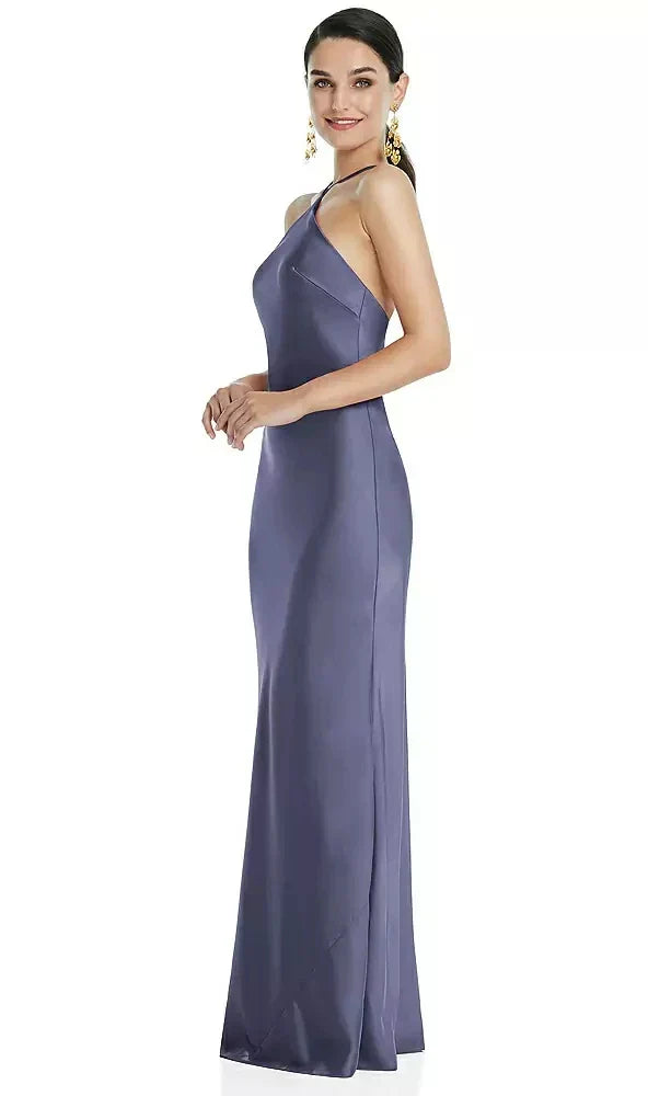 Diamond Halter Bias Maxi Slip Dress with Convertible Straps in French Blue