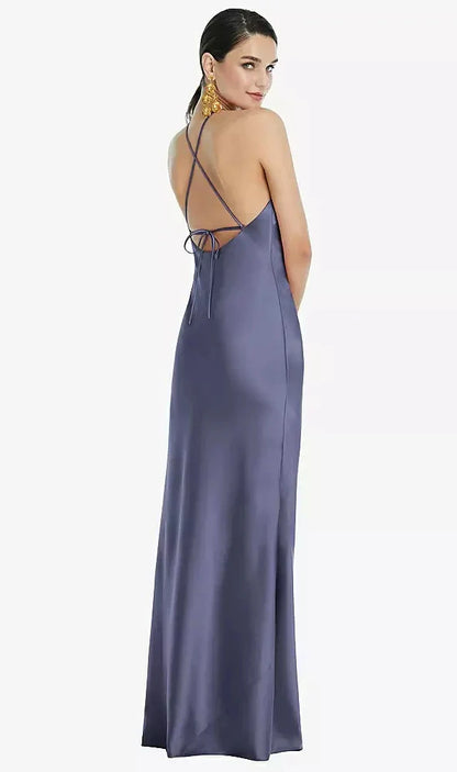 Diamond Halter Bias Maxi Slip Dress with Convertible Straps in French Blue