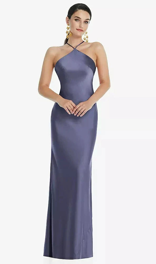 Diamond Halter Bias Maxi Slip Dress with Convertible Straps in French Blue
