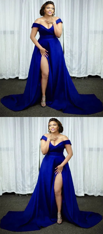 Discount A-Line Off Shoulder Sleeveless Satin Sweep Train Plus Size Prom Dress