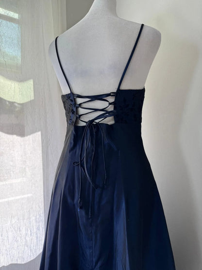 Discount Elegant A-Line Spaghetti-Strap Floral Navy Blue Floor-Length Prom Dress