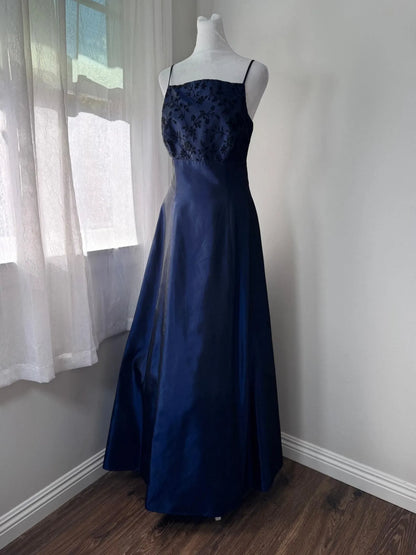 Discount Elegant A-Line Spaghetti-Strap Floral Navy Blue Floor-Length Prom Dress