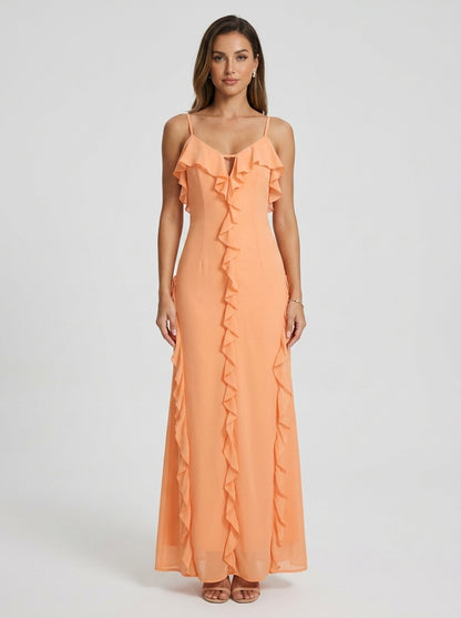 Discount Sheath V-Neck Spaghetti Straps Ruffled Backless Peach Floor-Length Prom Dress