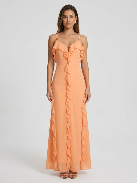 Discount Sheath V-Neck Spaghetti Straps Ruffled Backless Peach Floor-Length Prom Dress