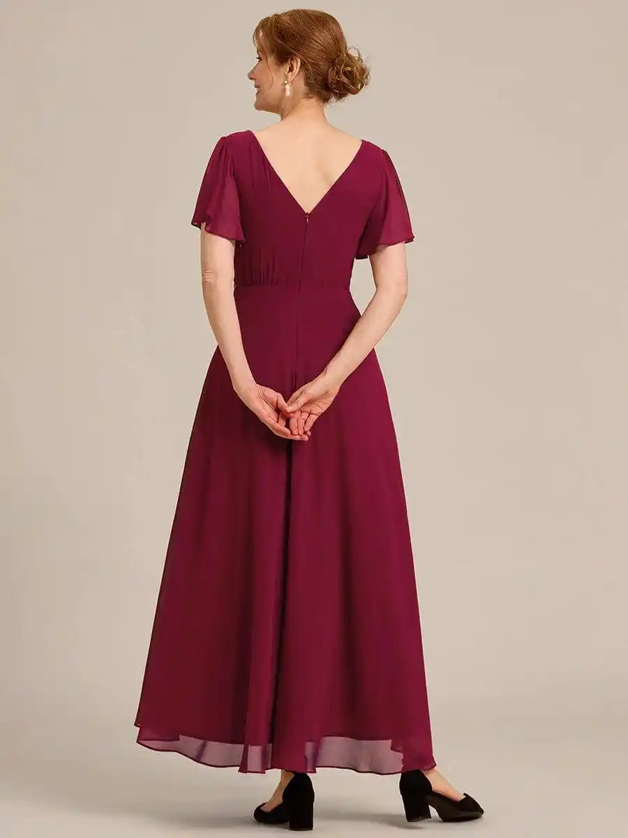 Double V-Neck Waist Trimmed Chiffon Mother of the Bride Dress