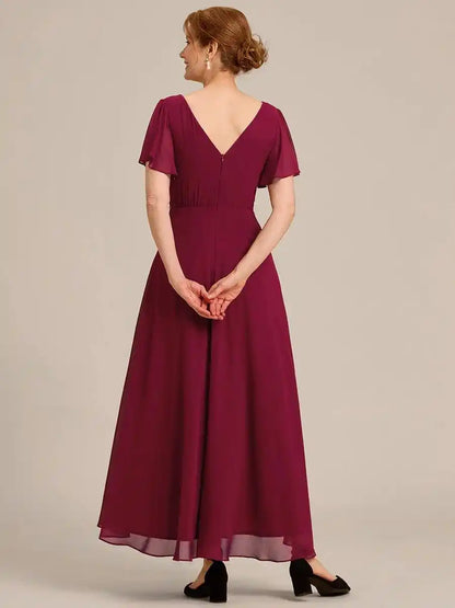 Double V-Neck Waist Trimmed Chiffon Mother of the Bride Dress
