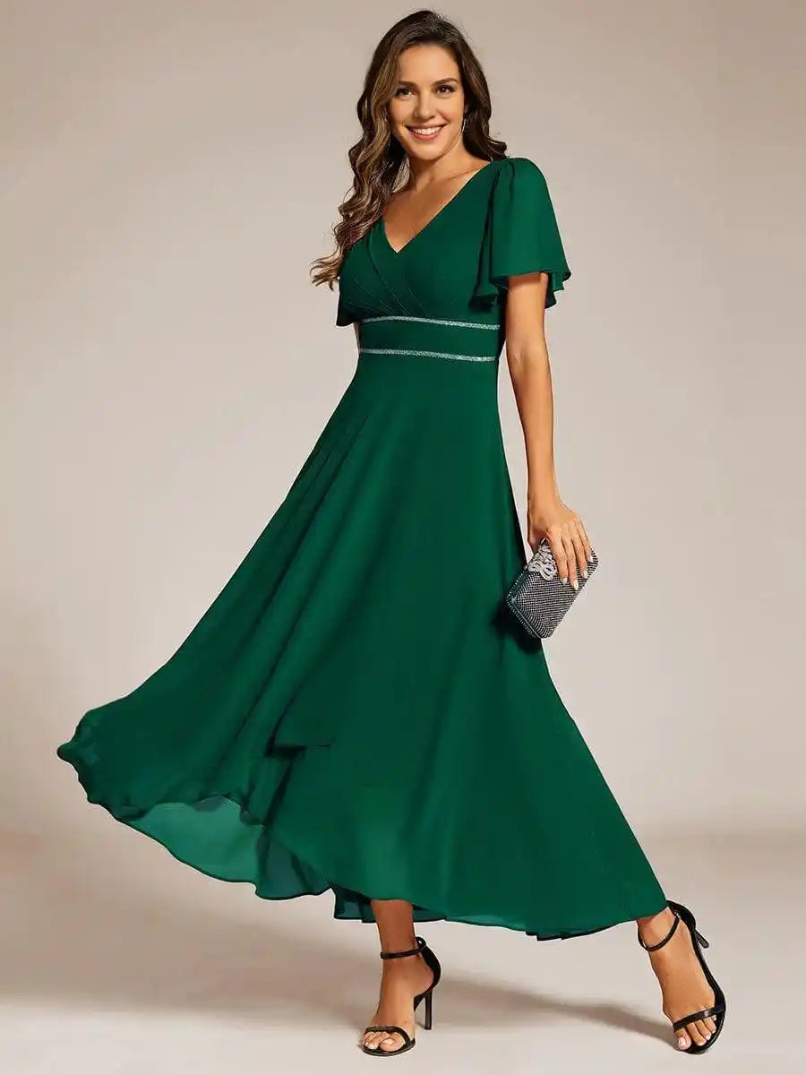 Double V-Neck Waist Trimmed Chiffon Mother of the Bride Dress