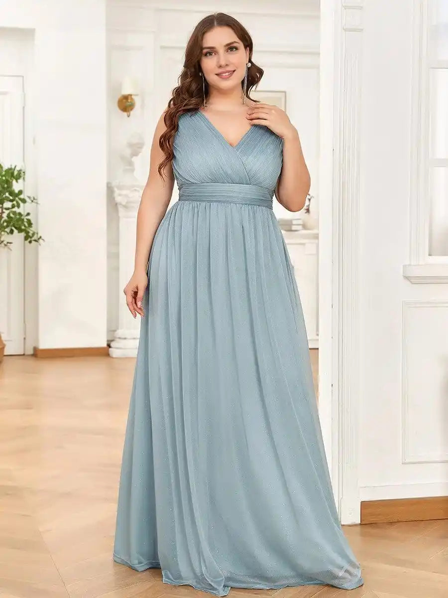 Double V Neck Maxi Long Plus Size Sparkly Evening Dresses for Party Mother Of The Bride Dresses