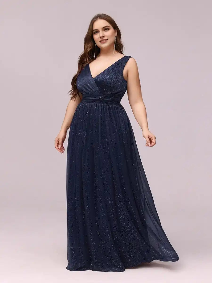 Double V Neck Maxi Long Plus Size Sparkly Evening Dresses for Party Mother Of The Bride Dresses