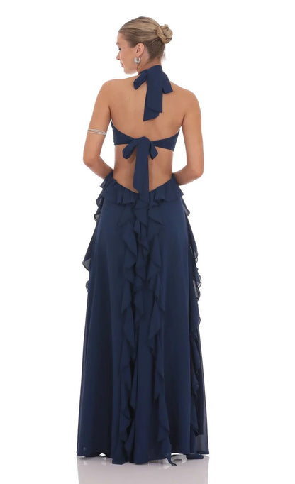 Dramatic A-Line Halter-Neck Cut-Out-Back Ruffled Floor-Length Prom Dresses
