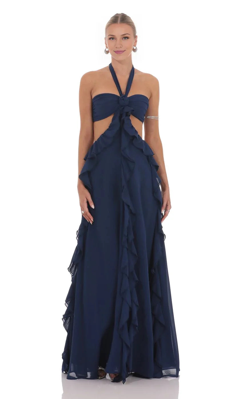 Dramatic A-Line Halter-Neck Cut-Out-Back Ruffled Floor-Length Prom Dresses