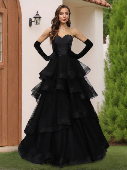 Dramatic Ballgown Strapless Open-Back Tiered-Black Tulle Train-Floor-Length Prom Dresses