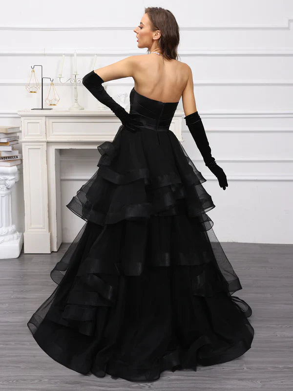 Dramatic Ballgown Strapless Open-Back Tiered-Black Tulle Train-Floor-Length Prom Dresses