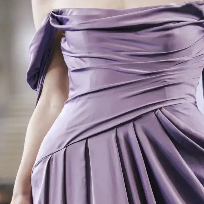 Dramatic A-Line Off-Shoulder Sleeveless Cape-Accent Satin Lavender Floor-Length Evening Dress for Women