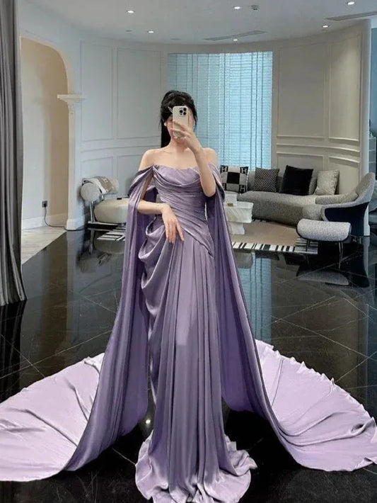 Dramatic A-Line Off-Shoulder Sleeveless Cape-Accent Satin Lavender Floor-Length Evening Dress for Women