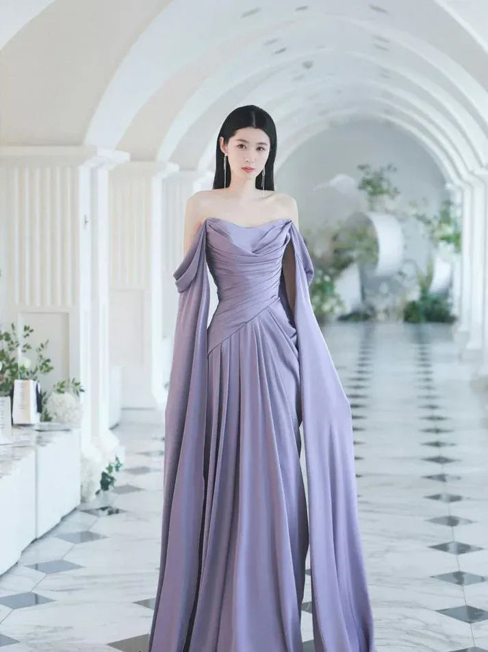 Dramatic A-Line Off-Shoulder Sleeveless Cape-Accent Satin Lavender Floor-Length Evening Dress for Women
