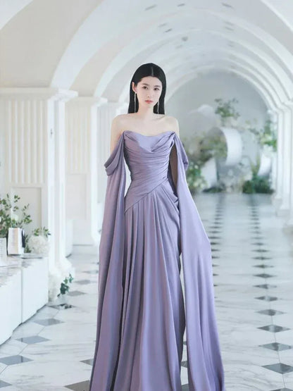 Dramatic A-Line Off-Shoulder Sleeveless Cape-Accent Satin Lavender Floor-Length Evening Dress for Women