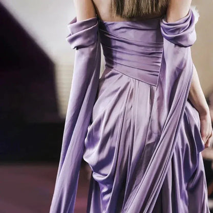Dramatic A-Line Off-Shoulder Sleeveless Cape-Accent Satin Lavender Floor-Length Evening Dress for Women