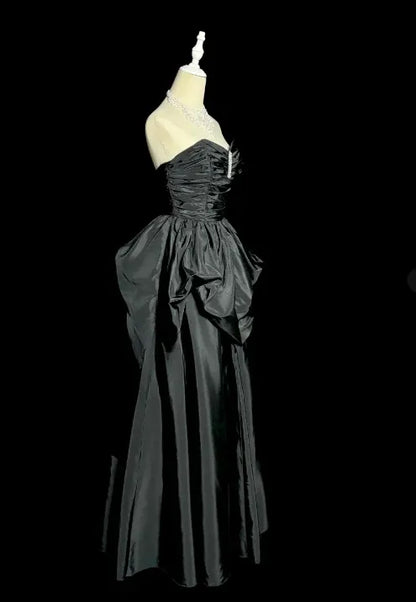 Dramatic A-Line Strapless Ruched Bow-Accented Black Maxi Prom Dress for Women ready to ship