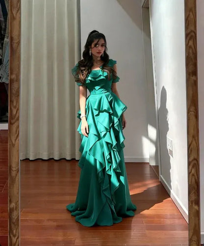 Dramatic A-line Off-the-shoulder Short-sleeve Ruffled Emerald Floor-length Prom Dress for Women Hot Sale