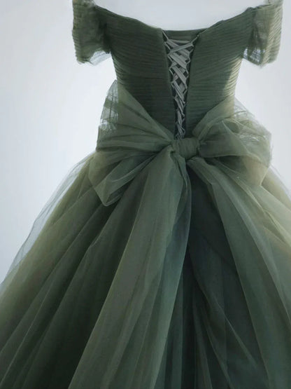 Dramatic Ball Gown Off-the-shoulder Cap-sleeved Tulle Olive Green Maxi Prom Dress for Women Custom