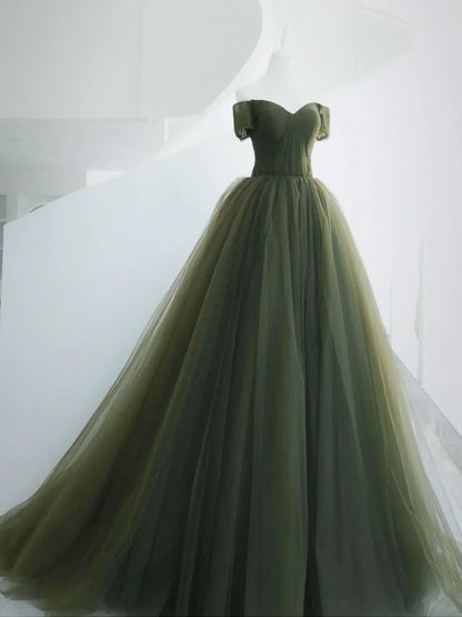 Dramatic Ball Gown Off-the-shoulder Cap-sleeved Tulle Olive Green Maxi Prom Dress for Women Custom