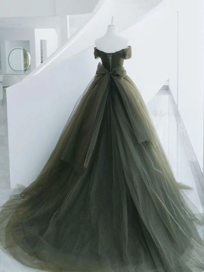 Dramatic Ball Gown Off-the-shoulder Cap-sleeved Tulle Olive Green Maxi Prom Dress for Women Custom