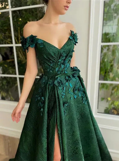 Dramatic Ballgown Off-the-Shoulder Sleeveless Floral-Accented Emerald Maxi Prom Dress for Women Custom
