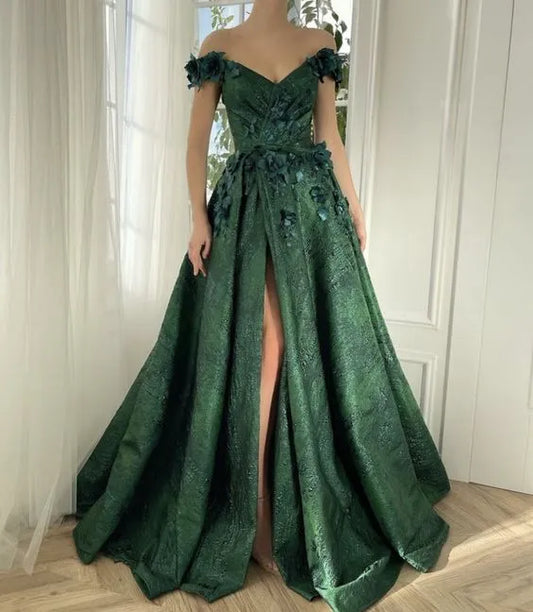 Dramatic Ballgown Off-the-Shoulder Sleeveless Floral-Accented Emerald Maxi Prom Dress for Women Custom