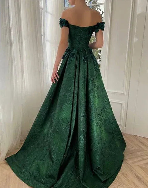 Dramatic Ballgown Off-the-Shoulder Sleeveless Floral-Accented Emerald Maxi Prom Dress for Women Custom