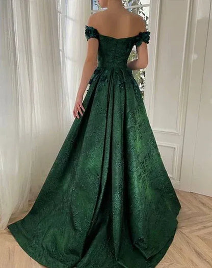 Dramatic Ballgown Off-the-Shoulder Sleeveless Floral-Accented Emerald Maxi Prom Dress for Women Custom