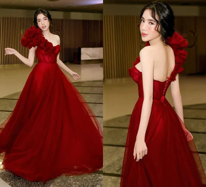 Dramatic Ballgown One-Shoulder Ruffled Tulle Red Maxi Evening Dress for Women