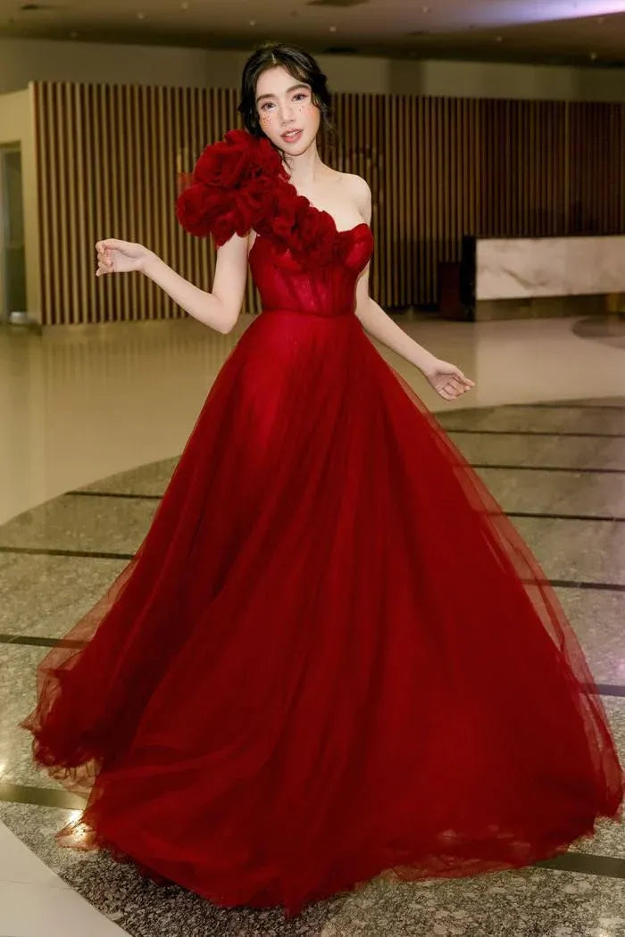 Dramatic Ballgown One-Shoulder Ruffled Tulle Red Maxi Evening Dress for Women