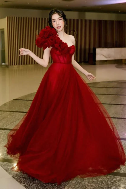 Dramatic Ballgown One-Shoulder Ruffled Tulle Red Maxi Evening Dress for Women