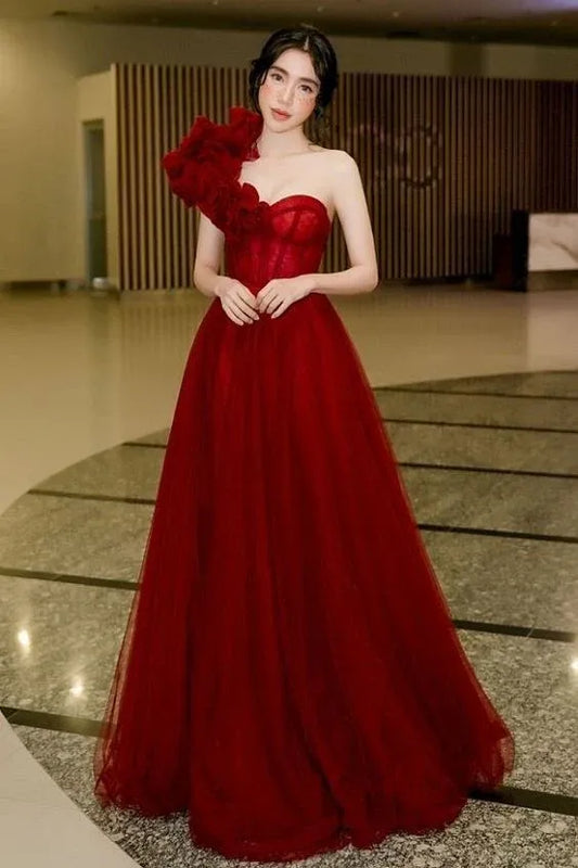 Dramatic Ballgown One-Shoulder Ruffled Tulle Red Maxi Evening Dress for Women