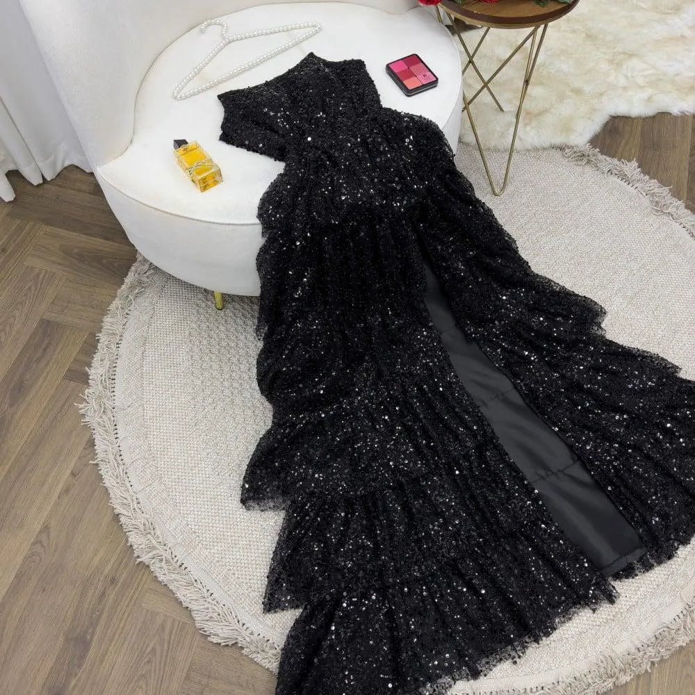 Dramatic Ballgown Strapless Sequin Black Maxi Prom Dress for Women ready to ship