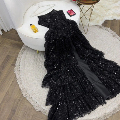 Dramatic Ballgown Strapless Sequin Black Maxi Prom Dress for Women ready to ship