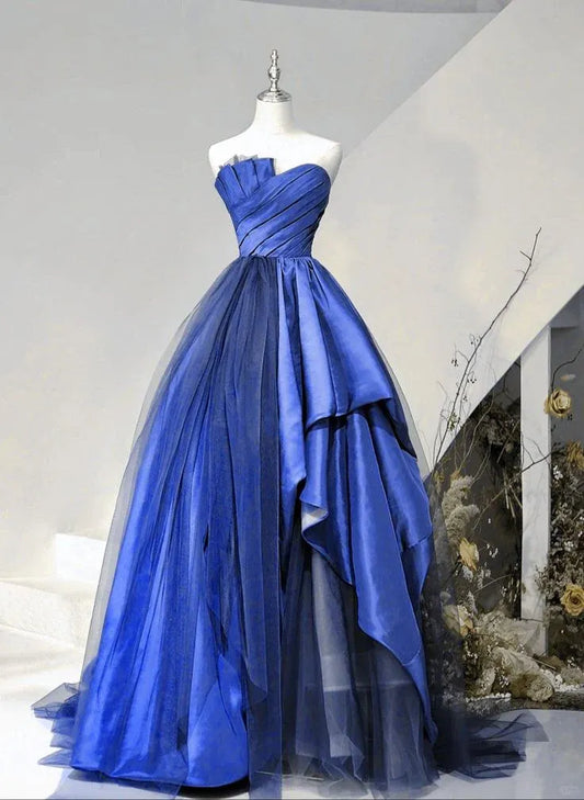 Dramatic Ballgown Strapless Sleeveless Ruffled Tulle Royal-Blue Floor-Length Evening Dress for Women