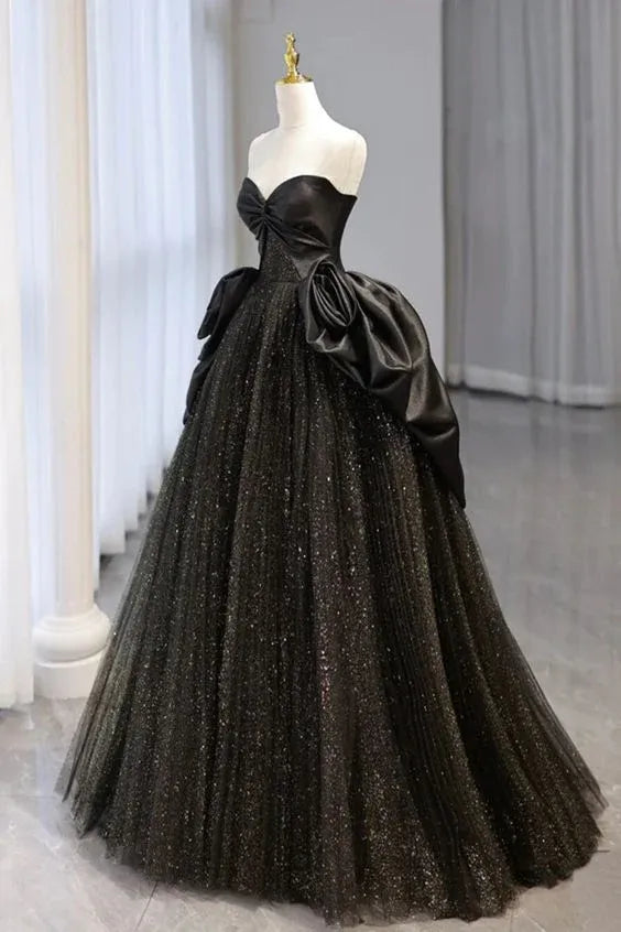 Dramatic Ballgown Sweetheart Sleeveless Bow-Accent Satin Tulle Black Floor-Length Evening Dress for Women