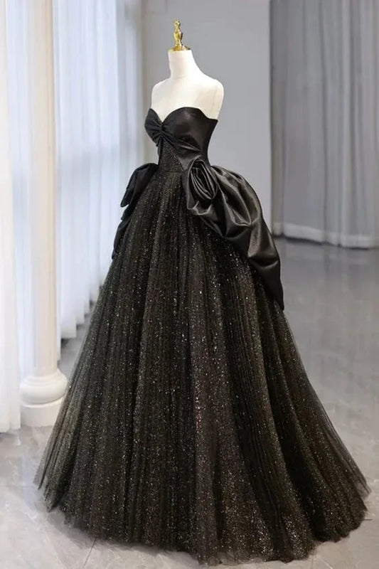 Dramatic Ballgown Sweetheart Sleeveless Bow-Accent Satin Tulle Black Floor-Length Evening Dress for Women