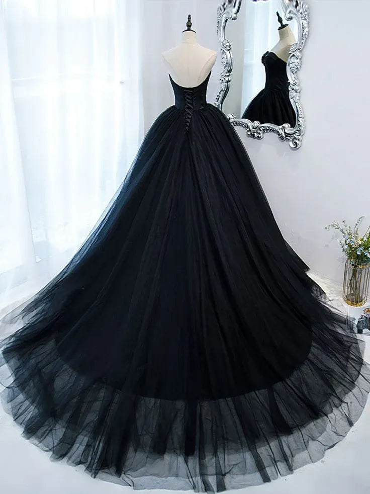 Dramatic Ballgown Sweetheart Sleeveless Lace-Up Tulle Black Maxi Evening Dress for Women