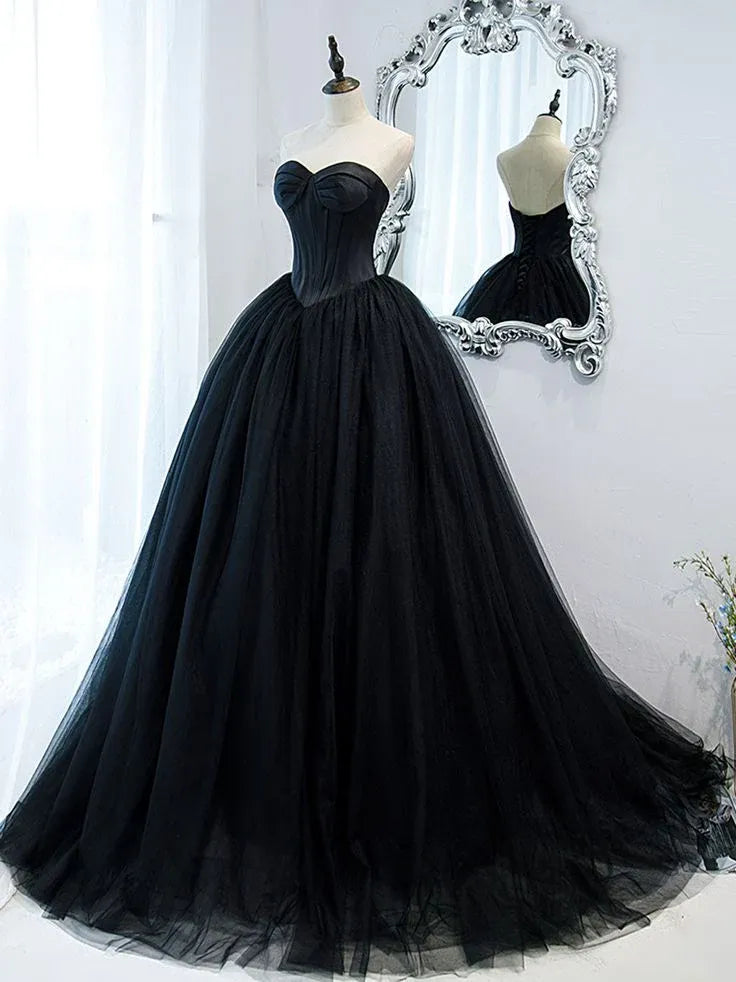 Dramatic Ballgown Sweetheart Sleeveless Lace-Up Tulle Black Maxi Evening Dress for Women