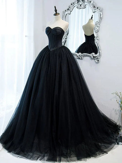 Dramatic Ballgown Sweetheart Sleeveless Lace-Up Tulle Black Maxi Evening Dress for Women