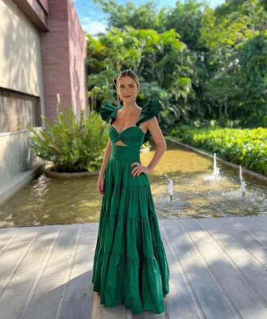 Dramatic Cotton-Blend Maxi Evening Dress Emerald Sweetheart Ruffle-Sleeve Formal Women