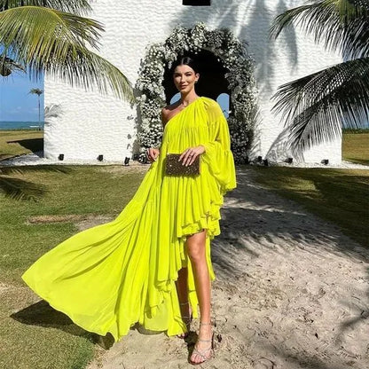 Dramatic High-Low One-Shoulder Ruffled Chiffon Neon Yellow Evening Dress for Women