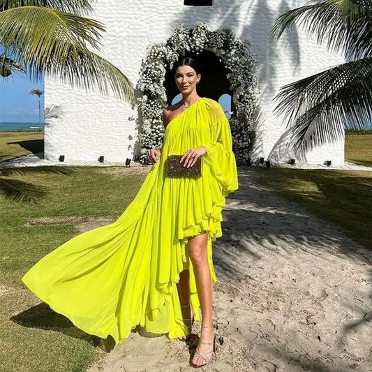 Dramatic High-Low One-Shoulder Ruffled Chiffon Neon Yellow Evening Dress for Women