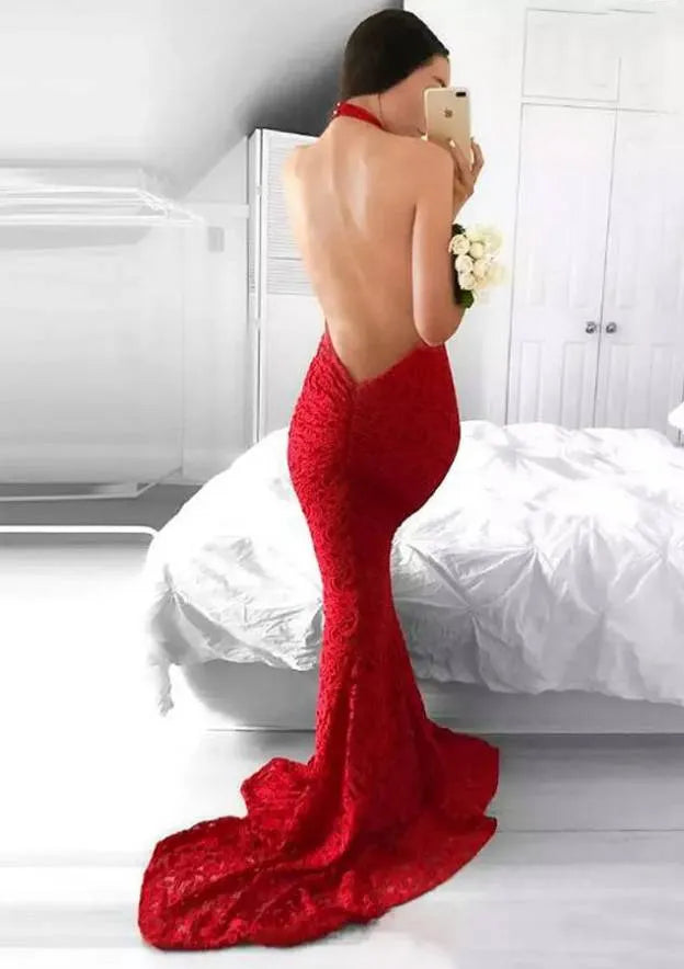Dramatic Lace Long Evening Dress Red Halter-Neck Sleeveless Party Gown for Women