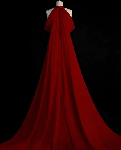 Dramatic Mermaid Halter Neck Red Floor-Length Prom Dress With Cape