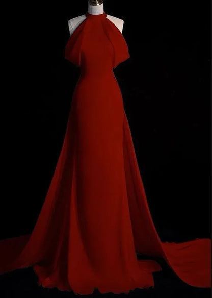 Dramatic Mermaid Halter Neck Red Floor-Length Prom Dress With Cape
